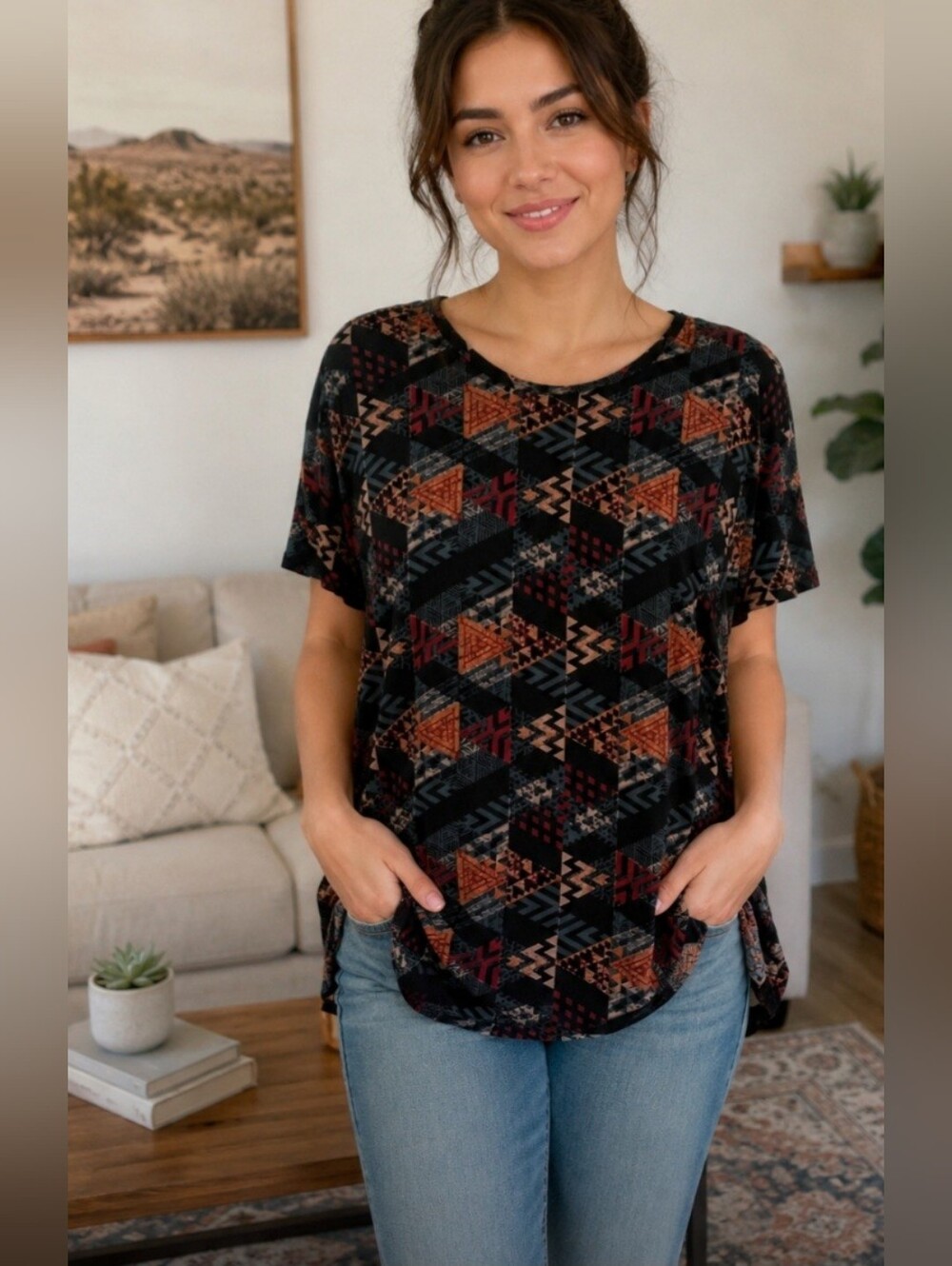 LuLaRoe Black Burgundy Tan Geometric Tribal Print Short Sleeve Top NWT Medium